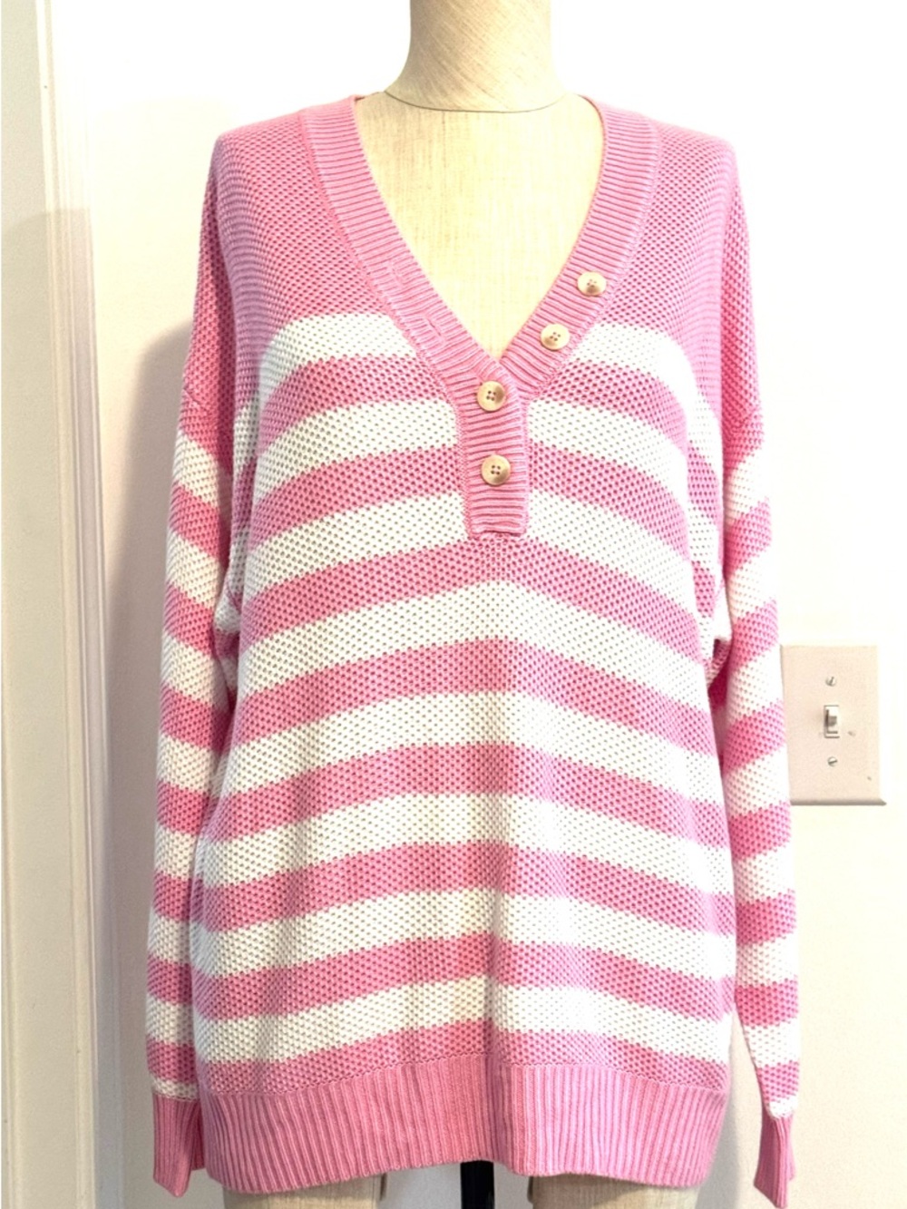 PINK Victoria's Secret Pink & White Striped V-Neck Button Pullover